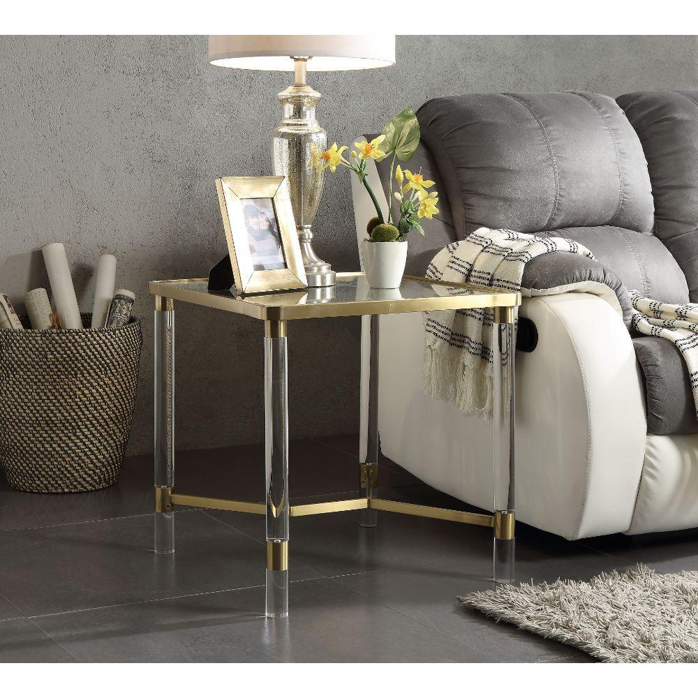 ACME - Penstemon - End Table - Clear Acrylic, Gold Stainless Steel & Clear Glass - 5th Avenue Furniture