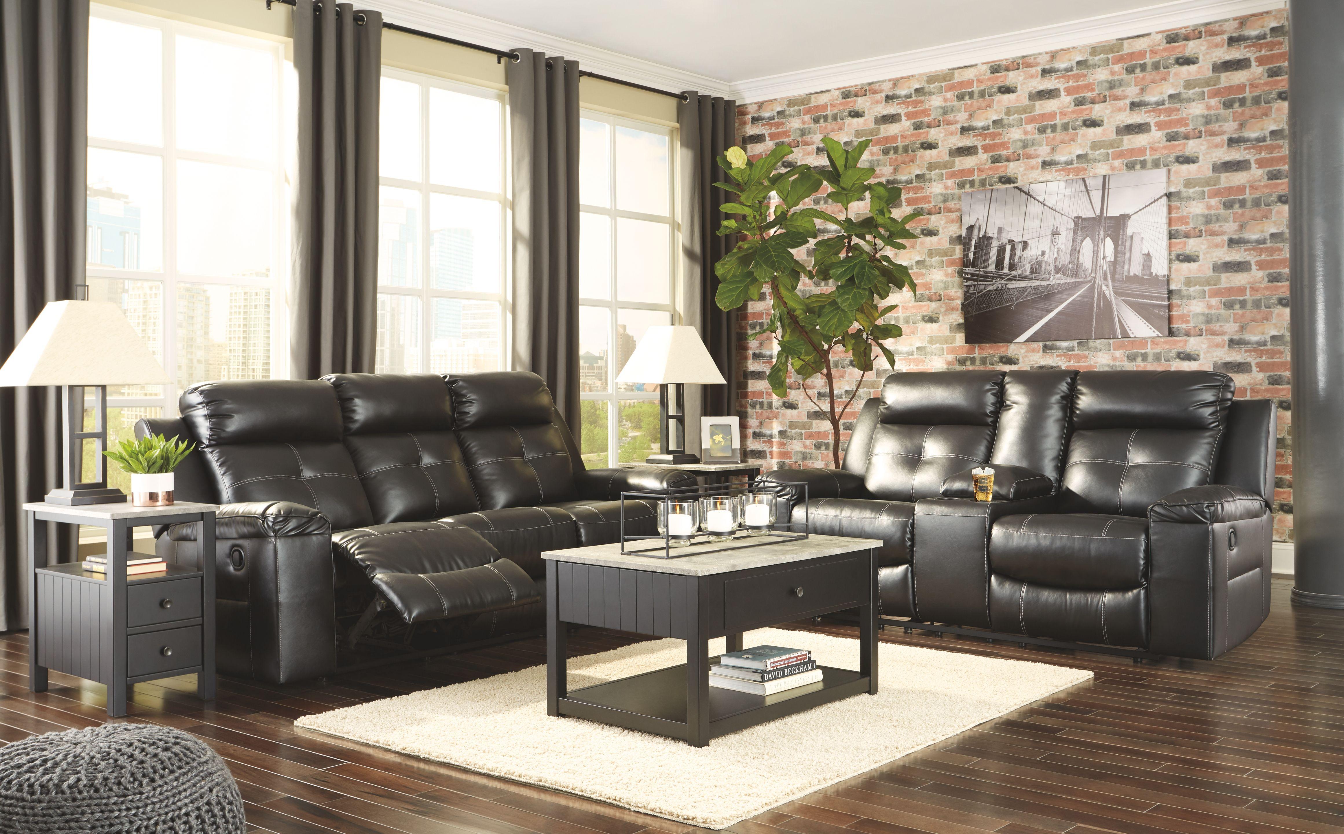 Ashley Furniture - Kempten - Black - Reclining Sofa - 5th Avenue Furniture