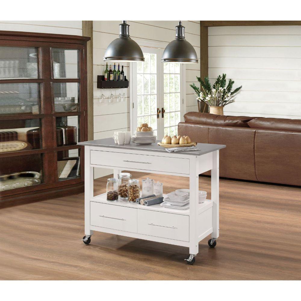 ACME - Ottawa - Kitchen Cart - Stainless Steel & White - 5th Avenue Furniture