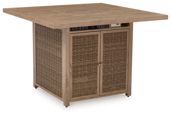 Signature Design by Ashley® - Walton Bridge - Driftwood - Square Bar Table W/Fire Pit - 5th Avenue Furniture