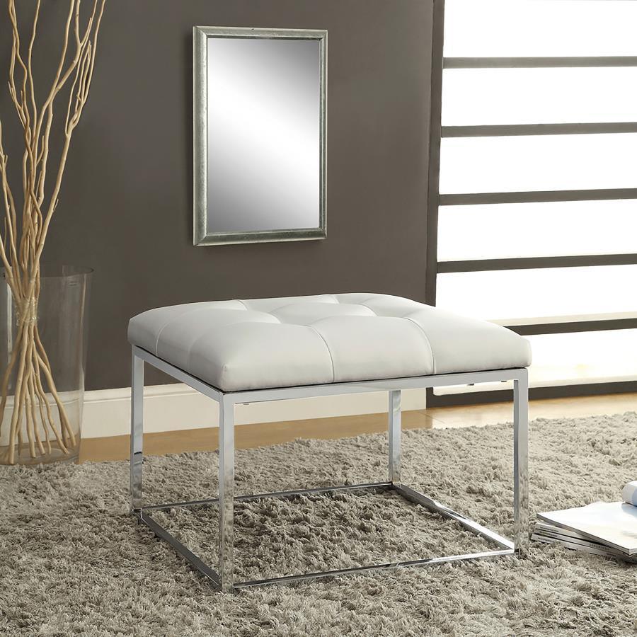 CoasterEveryday - Swanson - Upholstered Tufted Ottoman - White And Chrome - 5th Avenue Furniture