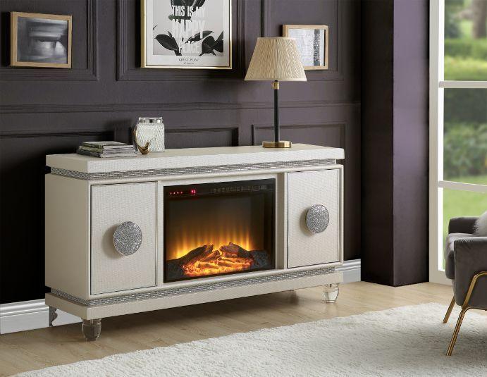 ACME - Noralie - Fireplace - Ivory PU & Faux Diamonds - 5th Avenue Furniture