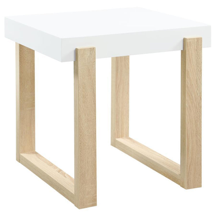CoasterEssence - Pala - Rectangular End Table With Sled Base - White High Gloss And Natural - 5th Avenue Furniture