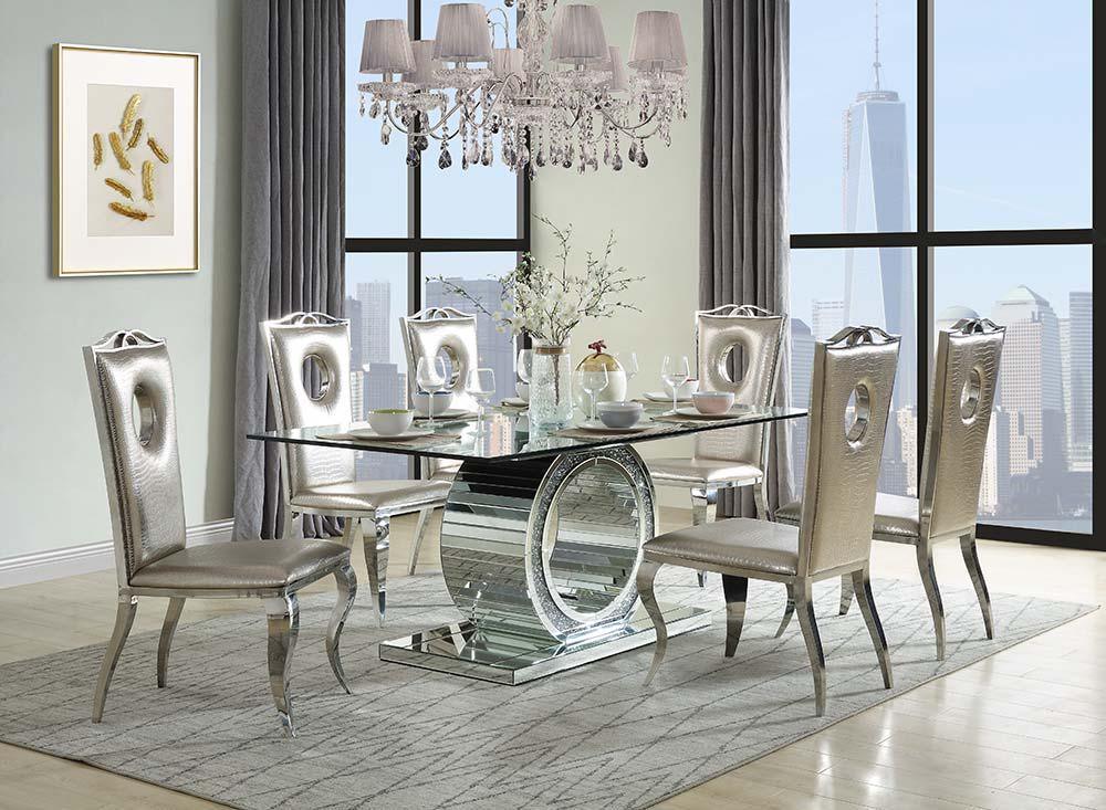 ACME - Noralie - Dining Table - Mirrored & Faux Diamonds - Glass - 30" - 5th Avenue Furniture