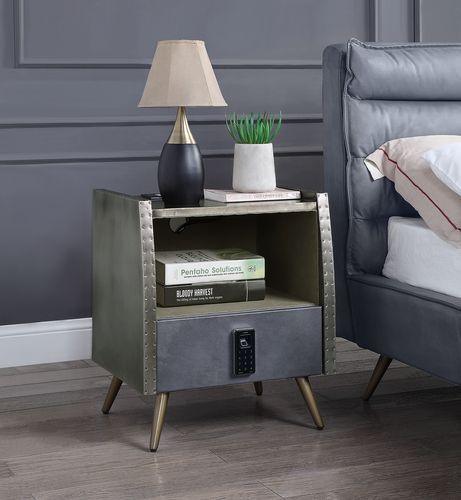 ACME - Doris - Nightstand - Gray Top Grain Leather & Aluminum - 5th Avenue Furniture