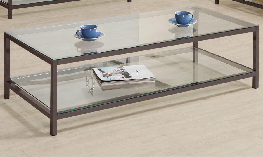 CoasterEssence - Trini - Coffee Table With Glass Shelf - Black Nickel - 5th Avenue Furniture