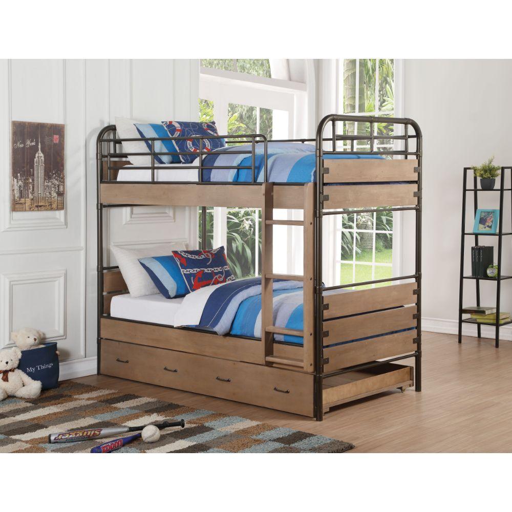 ACME - Adams - Twin Over Twin Bunk Bed & Trundle - Antique Oak & Gunmetal - 5th Avenue Furniture