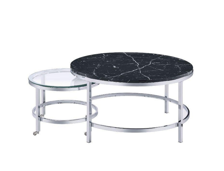 ACME - Virlana - Coffee Table - Clear Glass, Faux Black Marble & Chrome Finish - 5th Avenue Furniture