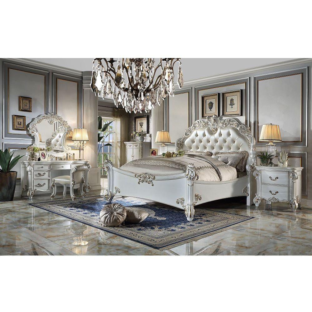 ACME - Vendome - Vanity Stool - Beige PU & Antique Silver Finish - 5th Avenue Furniture