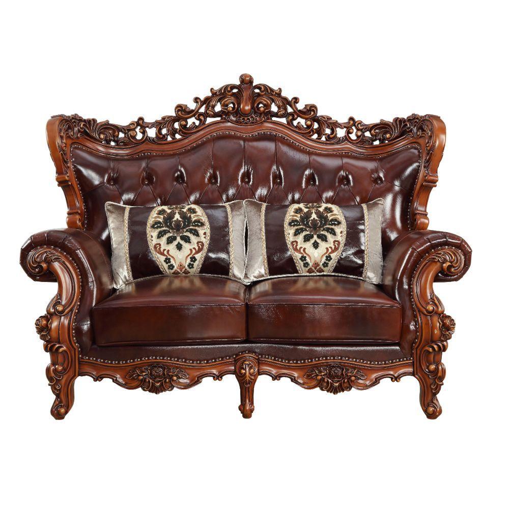 ACME - Eustoma - Loveseat - Cherry Top Grain Leather Match & Walnut - 5th Avenue Furniture