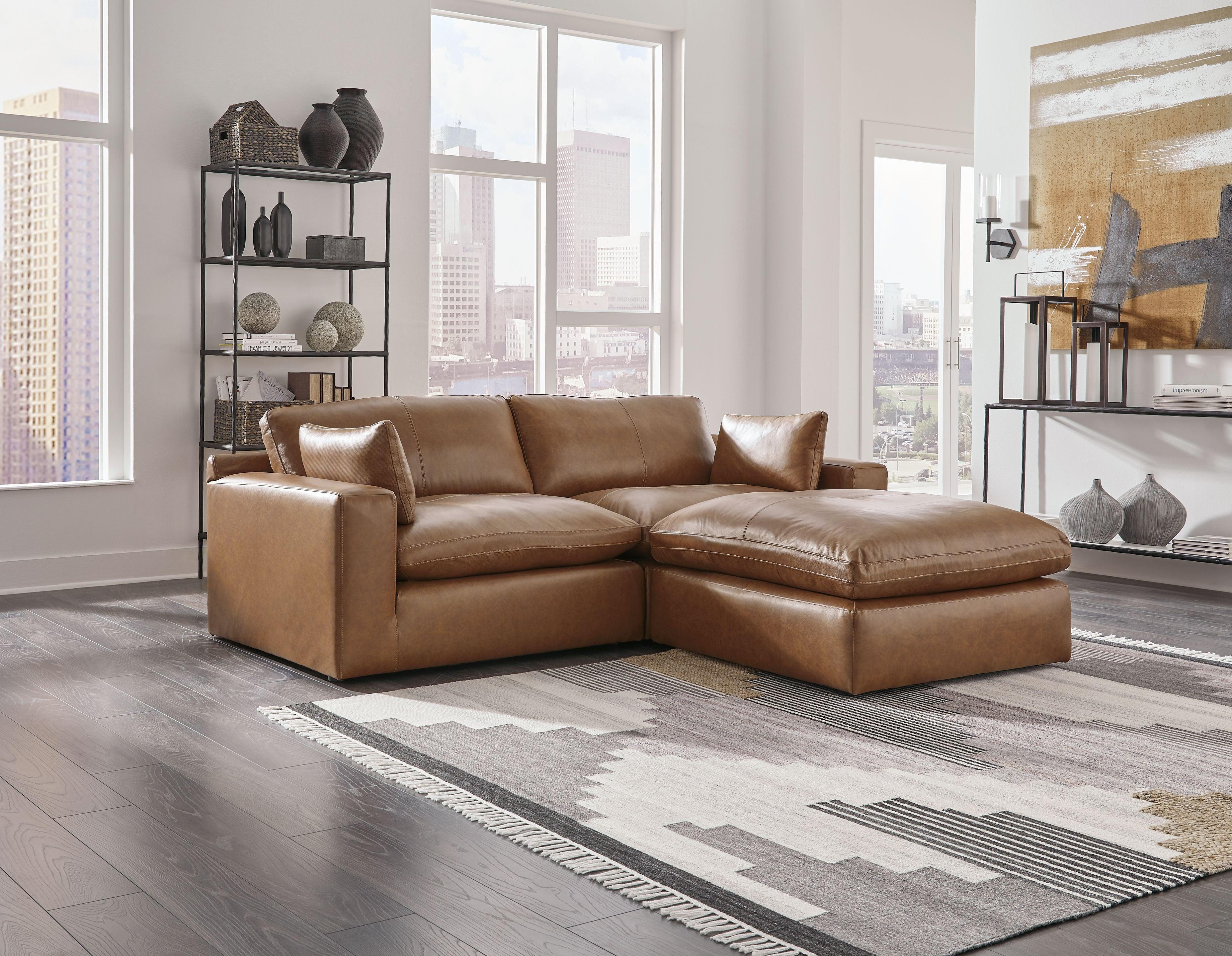 Signature Design by Ashley® - Emilia - Caramel - 3 Pc. - 2-Piece Sectional Loveseat, Ottoman - 5th Avenue Furniture