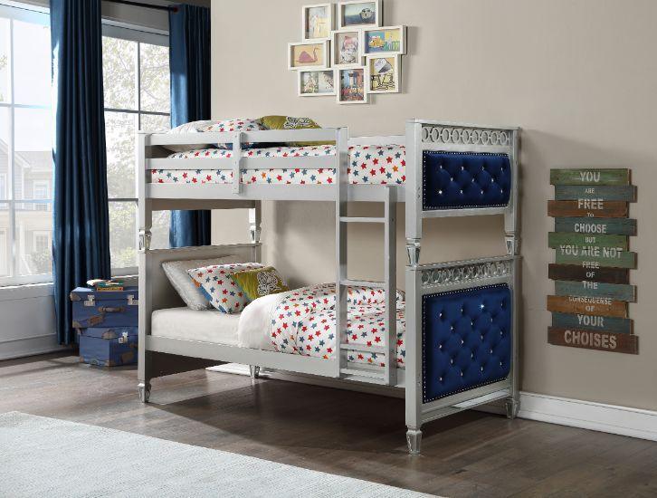 ACME - Varian - Twin Over Twin Bunk Bed - Blue Velvet & Silver Finish - 5th Avenue Furniture