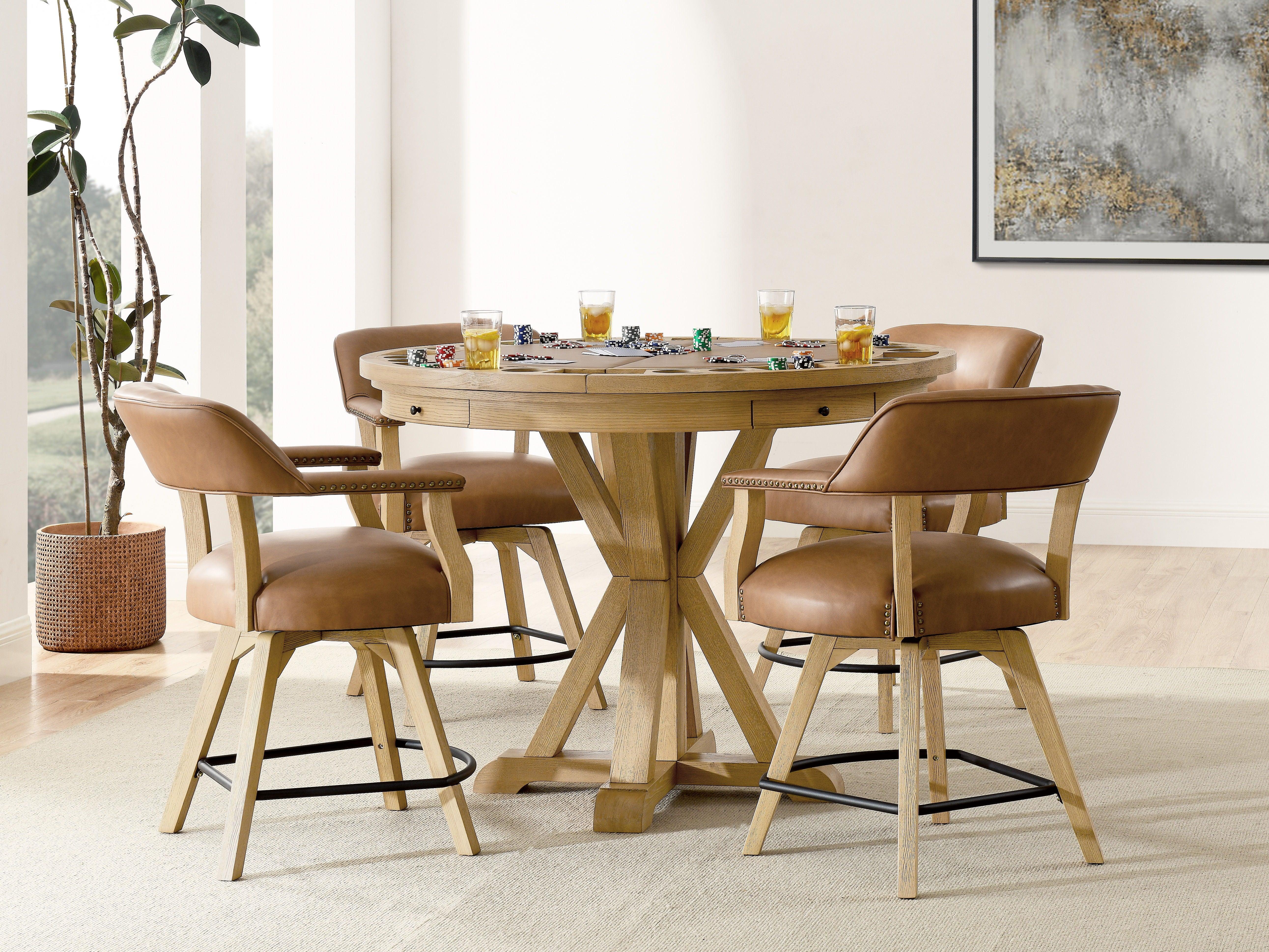 Steve Silver Furniture - Rylie - 6 Piece Dining Set (Game Top Counter Table & 4 Counter Chairs) - Sand / Brown - 5th Avenue Furniture