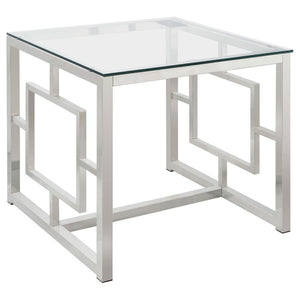 CoasterEssence - Merced - Square Tempered Glass Top End Table - Nickel - 5th Avenue Furniture