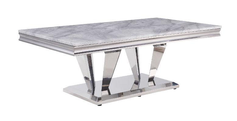 ACME - Satinka - Coffee Table - Light Gray Printed Faux Marble & Mirrored Silver Finish - 5th Avenue Furniture