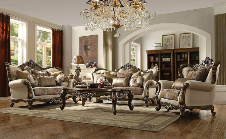 ACME - Latisha - Sofa - Tan, Pattern Fabric & Antique Oak - 5th Avenue Furniture
