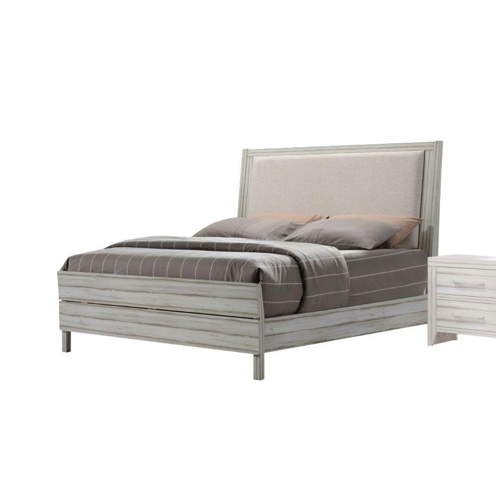 ACME - Shayla - Eastern King Bed - Fabric & Antique White - 5th Avenue Furniture