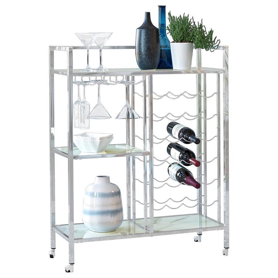 CoasterEssence - Derion - Glass Shelf Serving Cart With Casters - Chrome - 5th Avenue Furniture