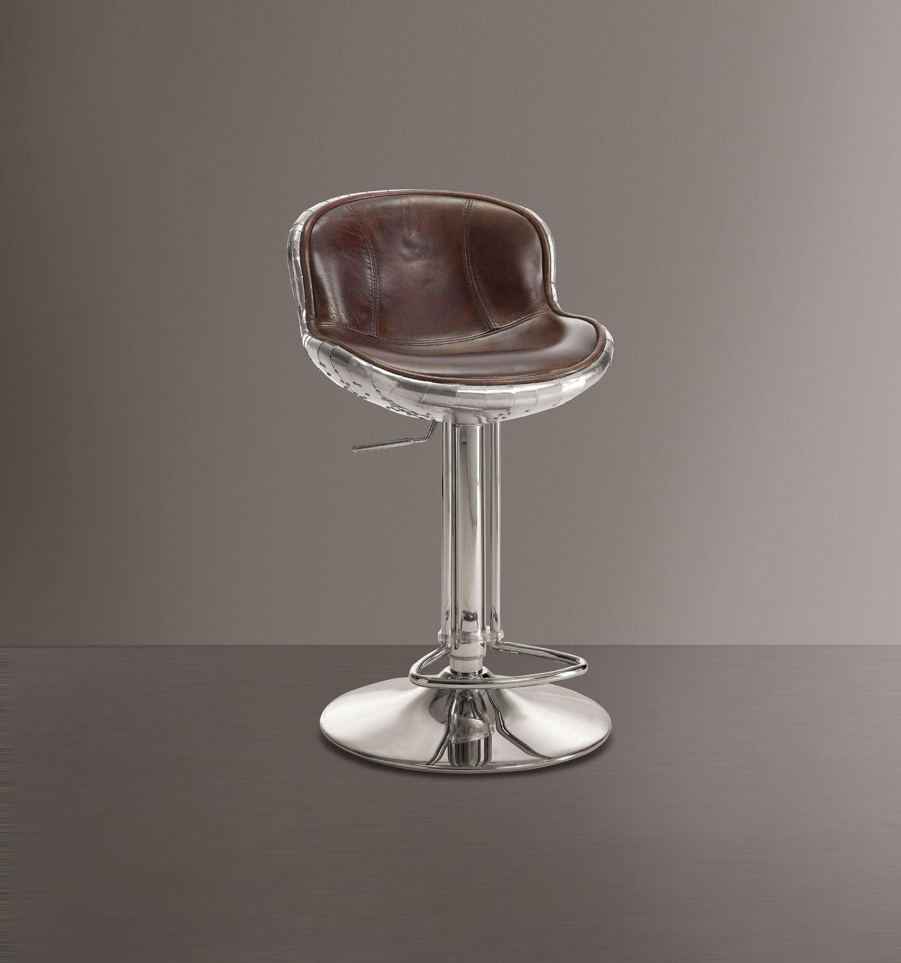 ACME - Brancaster - Stool - Vintage Brown Top Grain Leather & Aluminum - 5th Avenue Furniture