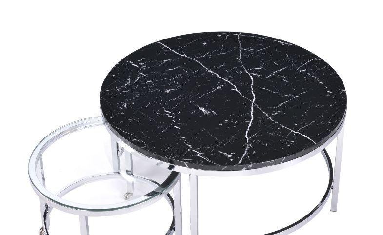 ACME - Virlana - Coffee Table - Clear Glass, Faux Black Marble & Chrome Finish - 5th Avenue Furniture