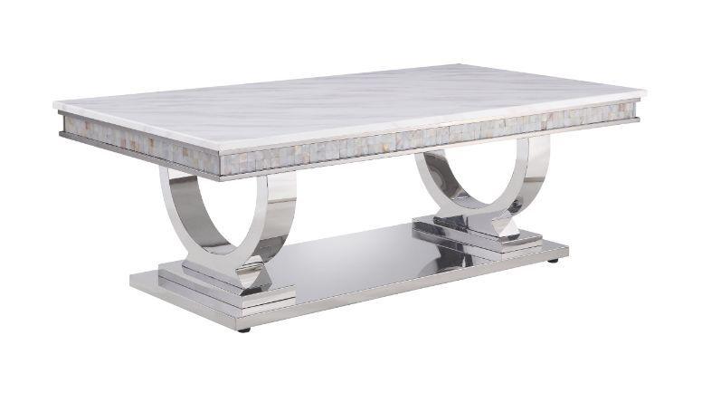 ACME - Zander - Coffee Table - White Printed Faux Marble & Mirrored Silver Finish - 5th Avenue Furniture