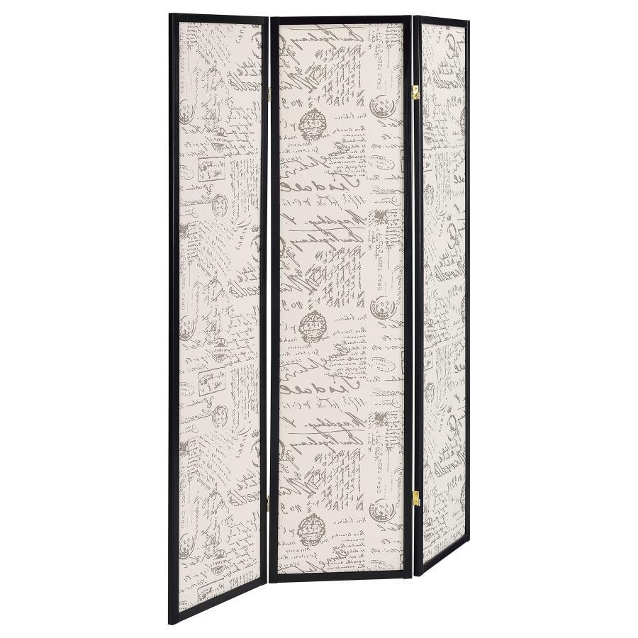 CoasterEveryday - Felice - 3-Panel French Script Print Folding Screen - Espresso - 5th Avenue Furniture