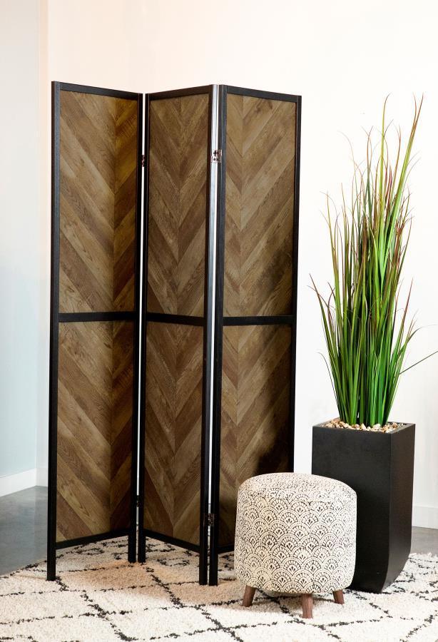 CoasterEveryday - Marlene - Herringbone Pattern 3-Panel Screen - Rustic Tobacco And Black - 5th Avenue Furniture