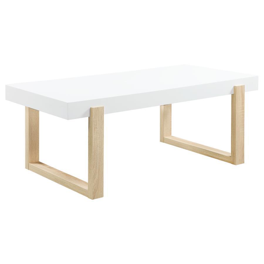 CoasterEssence - Pala - Rectangular Coffee Table With Sled Base - White High Gloss And Natural - 5th Avenue Furniture