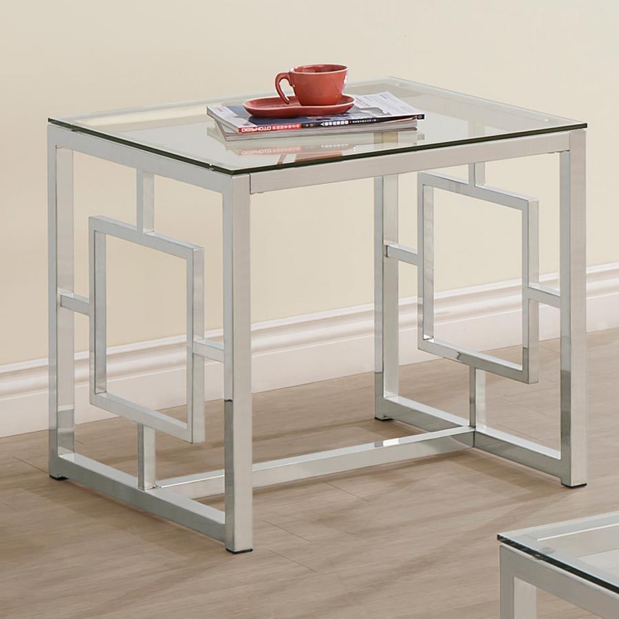 CoasterEssence - Merced - Square Tempered Glass Top End Table - Nickel - 5th Avenue Furniture