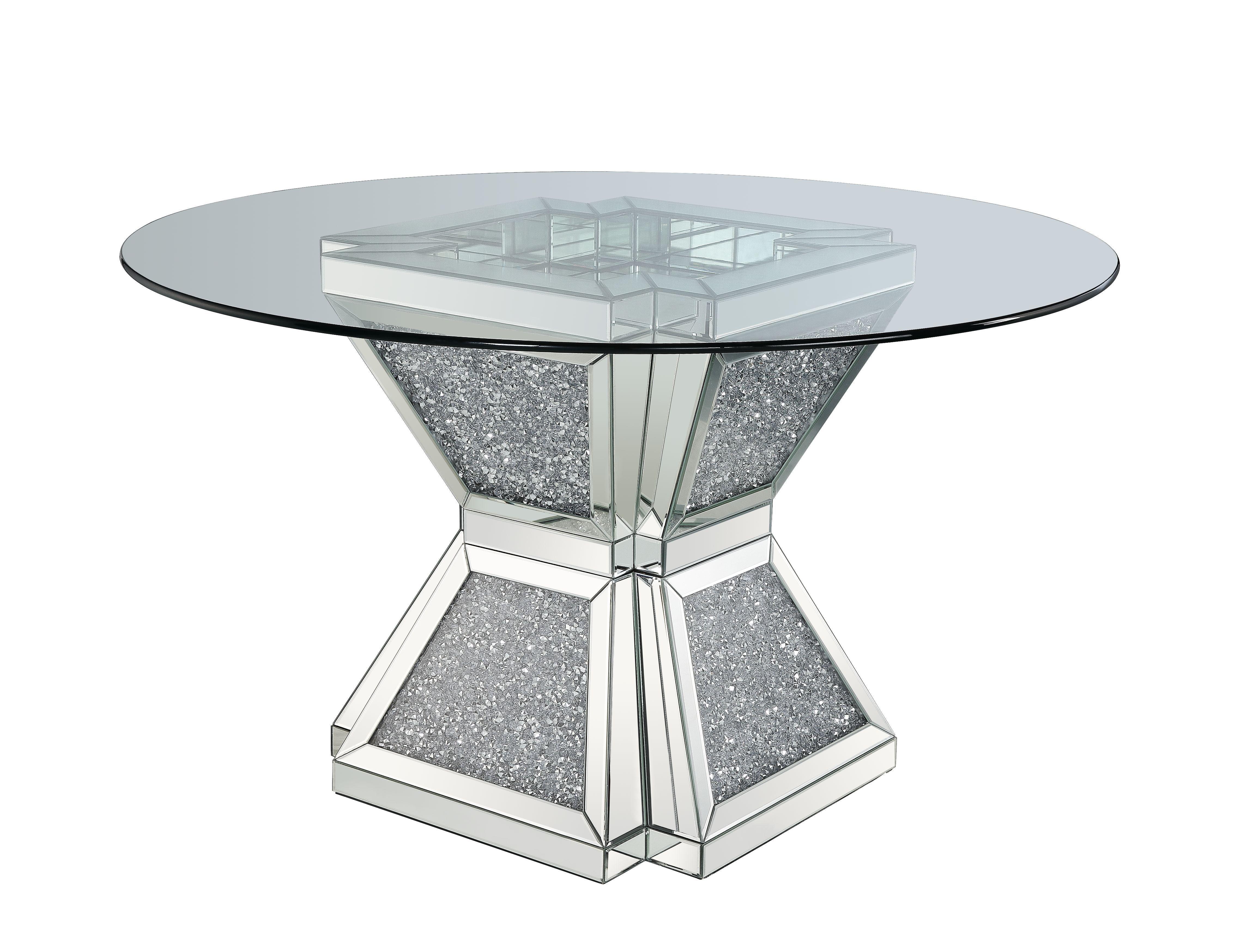 ACME - Noralie - Dining Table - Clear Glass, Mirrored & Faux Diamonds - 31" - 5th Avenue Furniture