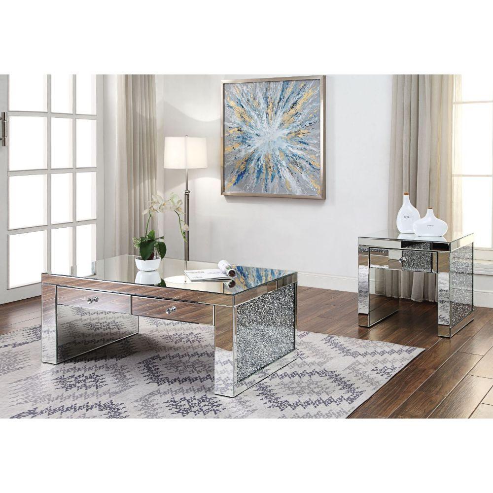 ACME - Noralie - Coffee Table - Mirrored & Faux Diamonds - Glass - 19" - 5th Avenue Furniture