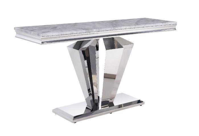 ACME - Satinka - Accent Table - Light Gray Printed Faux Marble & Mirrored Silver Finish - 5th Avenue Furniture