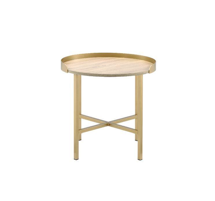 ACME - Mithea - End Table - Oak Table Top & Gold Finish - 5th Avenue Furniture