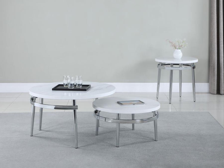 CoasterElevations - Avilla - Round Nesting Coffee Table - White And Chrome - 5th Avenue Furniture