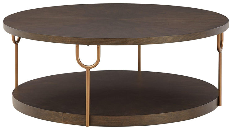 Signature Design by Ashley® - Brazburn - Dark Brown / Gold Finish - Round Cocktail Table - 5th Avenue Furniture