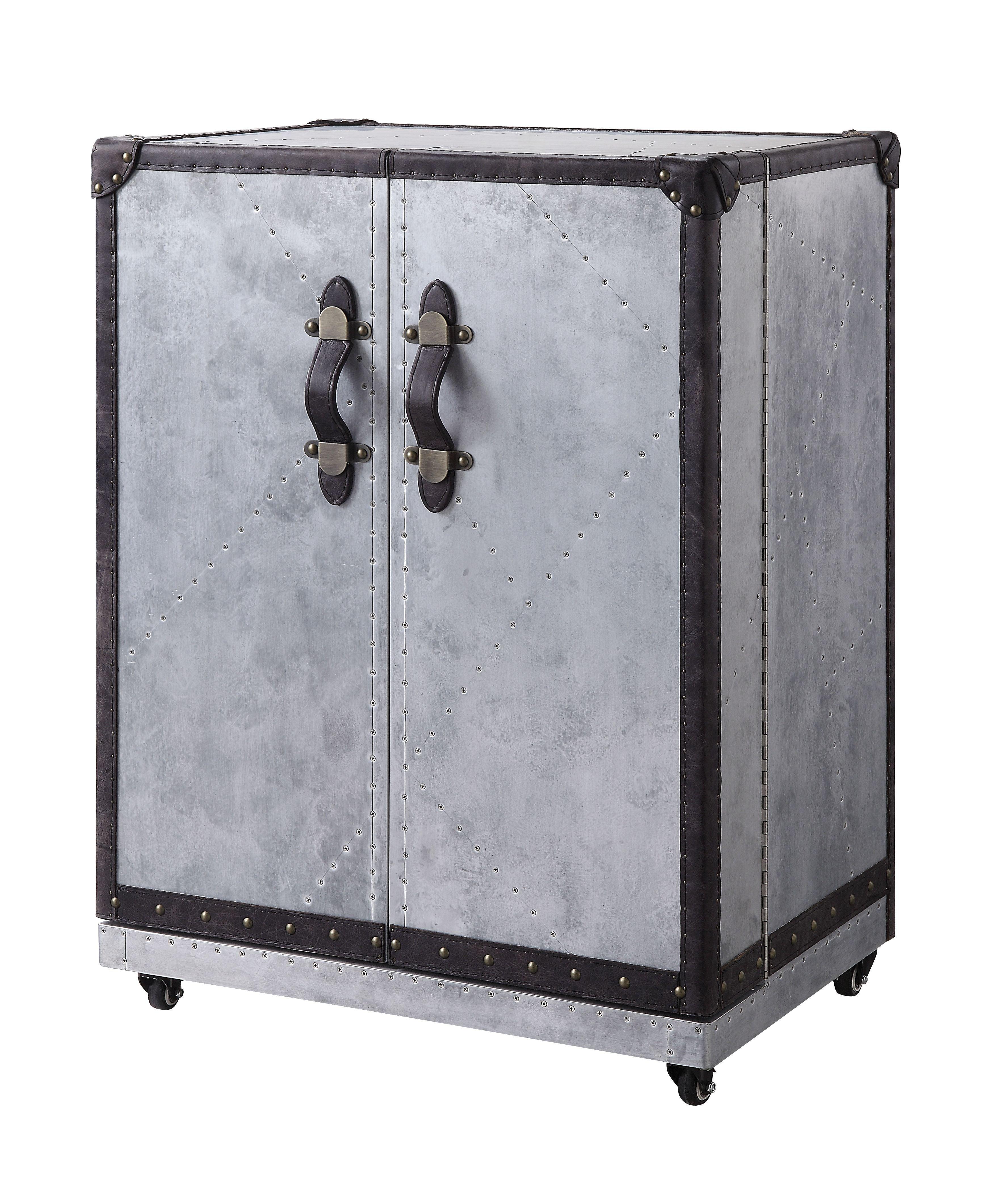 ACME - Brancaster - Wine Cabinet - Antique Ebony Top Grain Leather & Aluminum - 5th Avenue Furniture