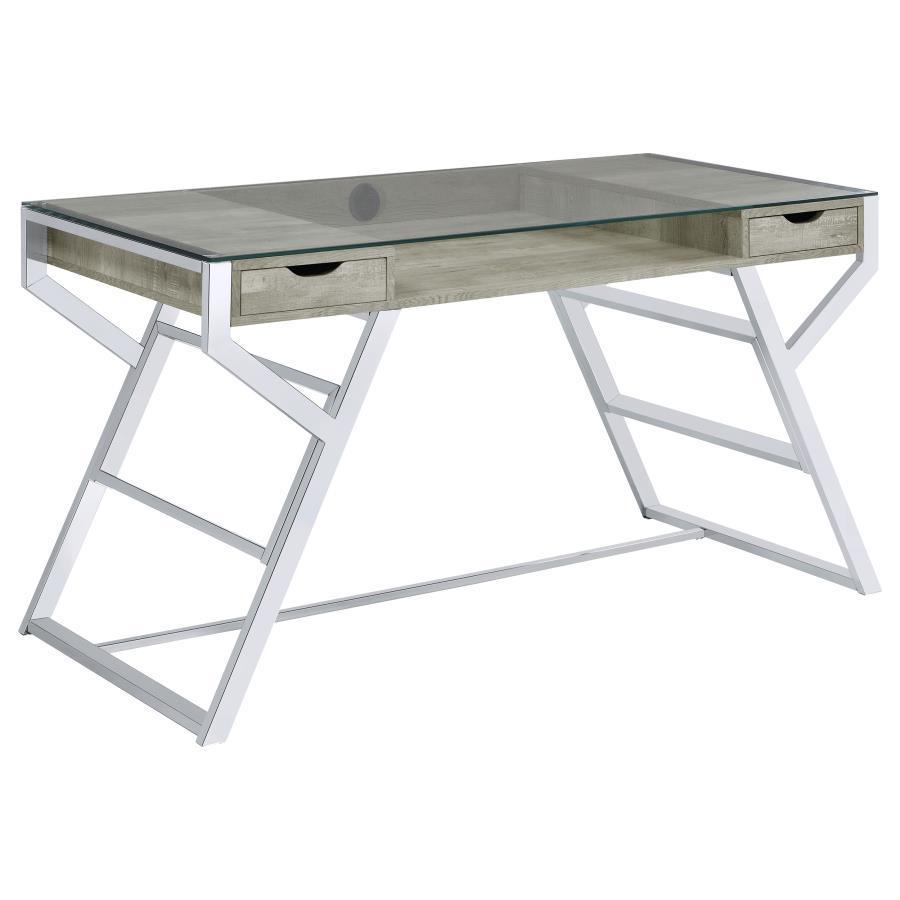 CoasterEssence - Emelle - 2-Drawer Glass Top Writing Desk - Gray Driftwood And Chrome - 5th Avenue Furniture