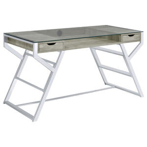 CoasterEssence - Emelle - 2-Drawer Glass Top Writing Desk - Gray Driftwood And Chrome - 5th Avenue Furniture