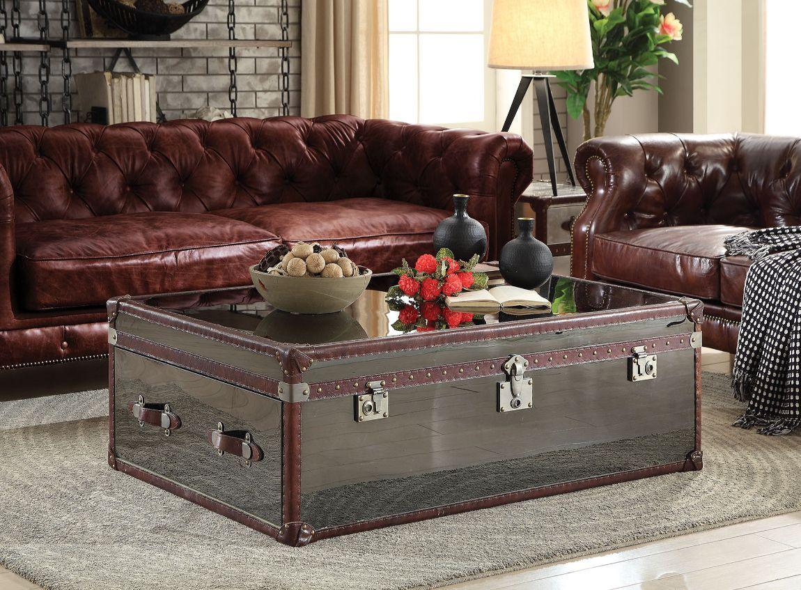 ACME - Aberdeen - Coffee Table - Vintage Dark Brown Top Grain Leather & Stainless Steel - 5th Avenue Furniture