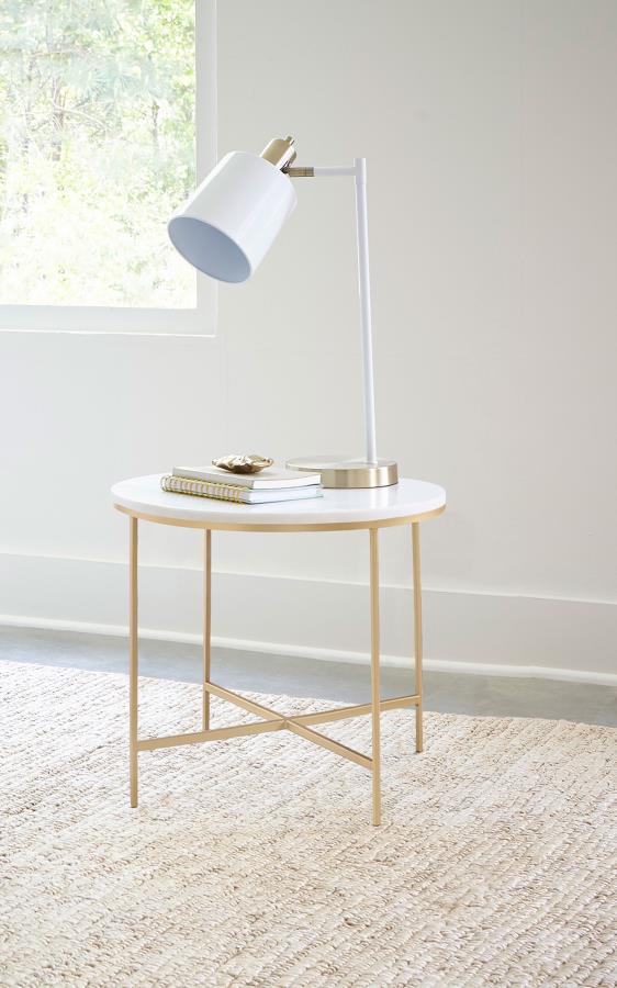 CoasterEssence - Ellison - Round X-Cross End Table - White And Gold - 5th Avenue Furniture