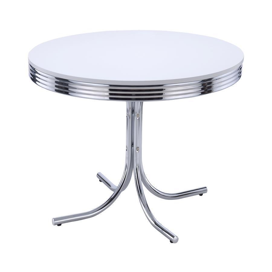 CoasterEveryday - Retro - Round Dining Table - Glossy White And Chrome - 5th Avenue Furniture