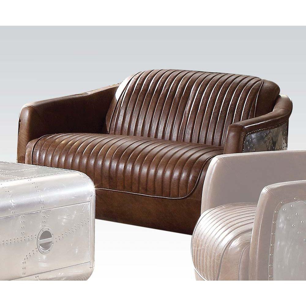 ACME - Brancaster - Loveseat - Retro Brown Top Grain Leather & Aluminum - 5th Avenue Furniture