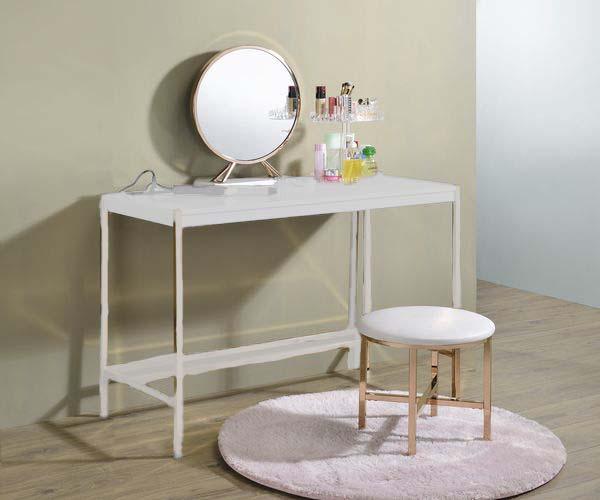 ACME - Midriaks - Vanity Mirror & Stool - PU, White & Gold Finish - 5th Avenue Furniture