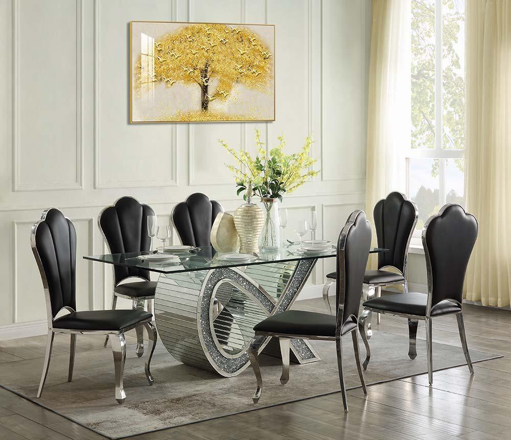 ACME - Noralie - Dining Table - Mirrored & Faux Diamonds - Glass - 5th Avenue Furniture