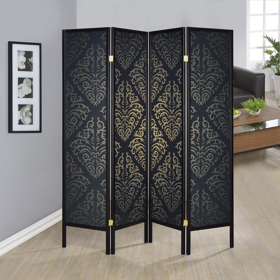 CoasterEveryday - Haidera - 4-panel Damask Pattern Folding Screen - Black - 5th Avenue Furniture