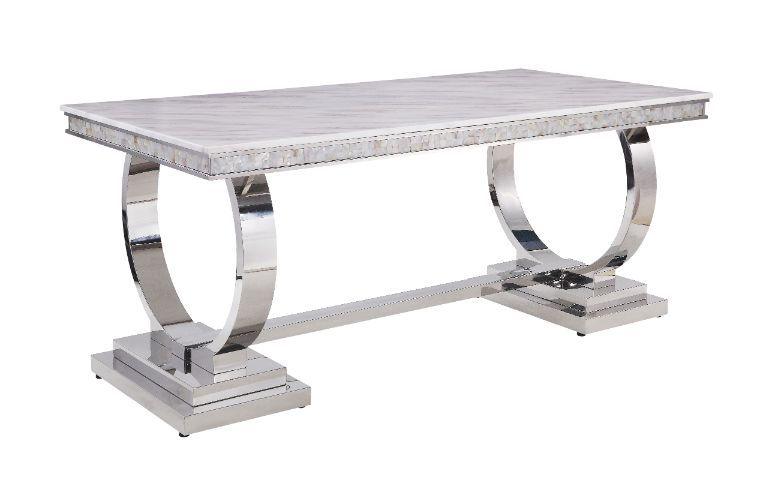 ACME - Zander - Dining Table - White Printed Faux Marble & Mirrored Silver Finish - 5th Avenue Furniture
