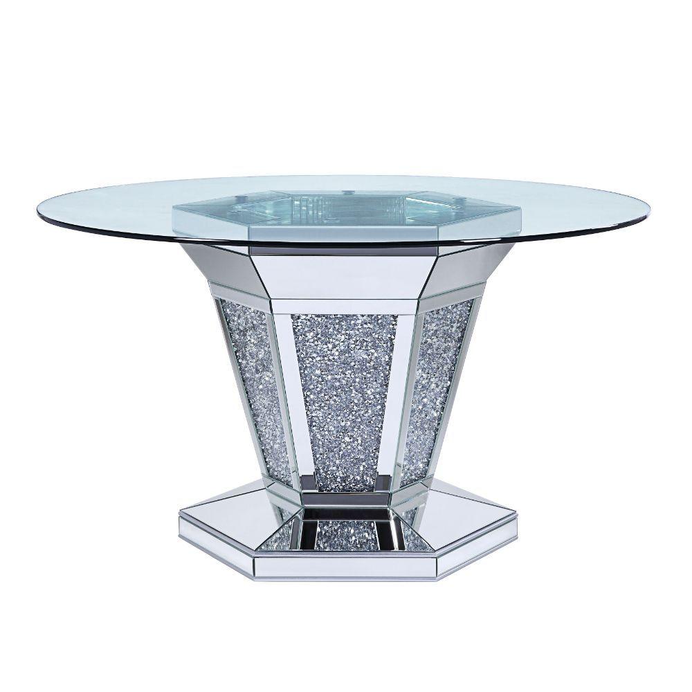 ACME - Noralie - Dining Table - Mirrored, Faux Diamonds & Clear Glass - 5th Avenue Furniture