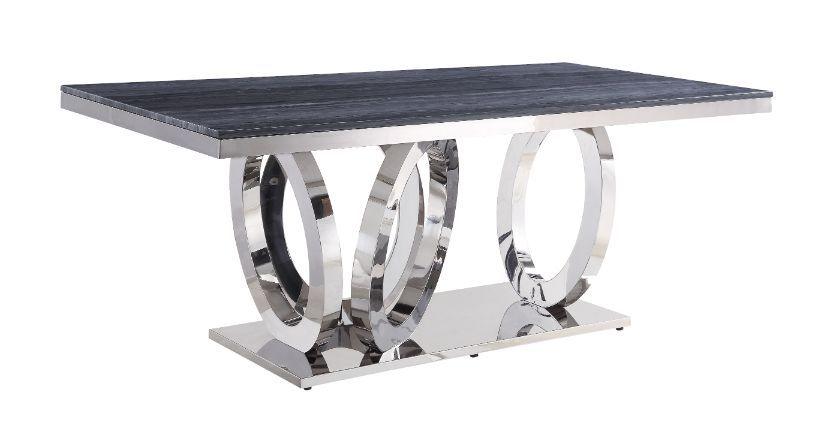 ACME - Nasir - Dining Table - Gray Printed Faux Marble & Mirrored Silver Finish - 5th Avenue Furniture