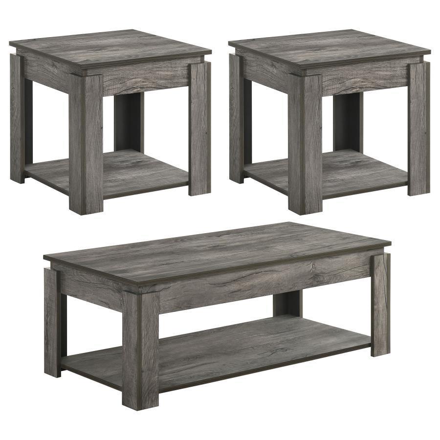 CoasterEssence - Donal - 3 Piece Occasional Set With Open Shelves - Weathered Gray - 5th Avenue Furniture