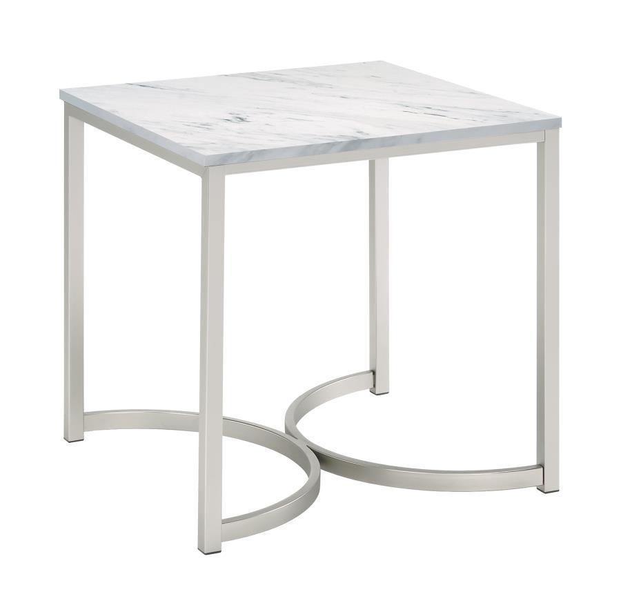 CoasterEssence - Leona - Faux Marble Square End Table - White And Satin Nickel - 5th Avenue Furniture